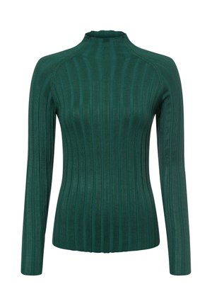 Grüner gerippter Strickpullover mit hohem Stehkragen, langen Ärmeln und taillierter Form. Weicher Stoff mit vertikalen Streifen.