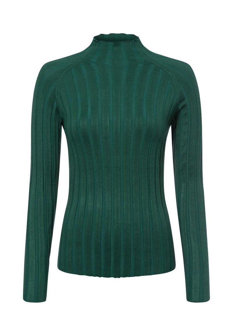 Grüner gerippter Strickpullover mit hohem Stehkragen, langen Ärmeln und taillierter Form. Weicher Stoff mit vertikalen Streifen.