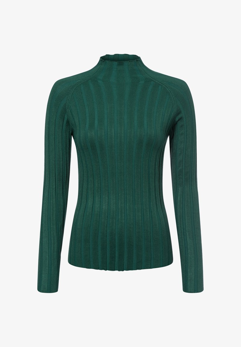 Grüner gerippter Strickpullover mit hohem Stehkragen, langen Ärmeln und taillierter Form. Weicher Stoff mit vertikalen Streifen.