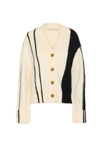 Cardigan de punto en crema y negro, con cuello en V, cierre de botones, puños acanalados y rayas diagonales. Textura suave con patrón en contraste.