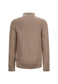 Pullover marrone a maglia con colletto alto, caratterizzato da polsini e orlo a costine. La texture è tessuta, creando un motivo sottile.