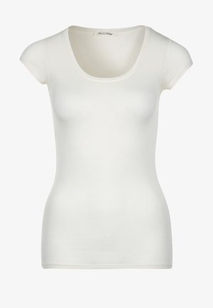 Camiseta blanca de manga corta con escote redondeado. Hecha de una tela suave y lisa. Diseño ajustado, sin patrones ni acentos.