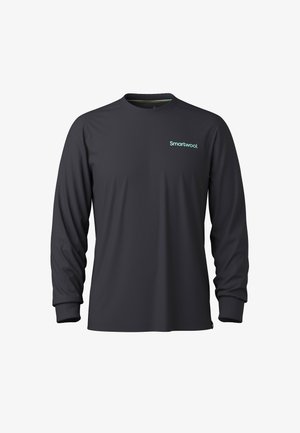 Černé sportovní tričko s dlouhým rukávem vyrobené z prodyšného materiálu s kulatým výstřihem. Na hrudi je malé tyrkysové logo "Smartwool".