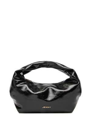 Borsa handbag in morbida pelle nera lucida con manico superiore arrotondato e piccolo logo "JENNY" in oro al centro anteriore.
