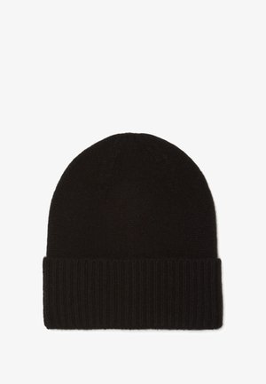 Bonnet en tricot noir avec un revers côtelé. Texture douce, forme ronde classique, sans motifs ni logos visibles. Adapté aux temps froids.