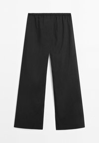 Black wide-leg pants with elastic waistband, made of lightweight fabric, laid flat on a white background.