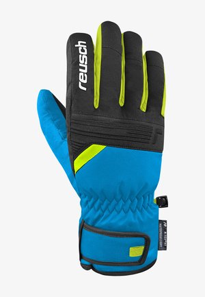 Vandtætte vinterhandsker i sort, blå og lys grøn. Udstyret med en polstret design, justerbar håndledsrem og tekstureret greb på håndfladen.