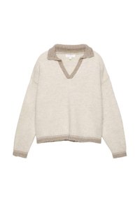 Világos bézs kötött pulóver V-nyakkivágással, bordázott sötétebb taupe színű gallérral és mandzsettákkal. Laza szabású, rövidített szegéllyel.