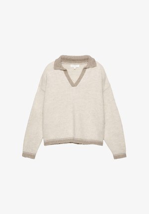 Svetlo béžový pletený sveter s véčkovým výstrihom, rebrovaným golierom a manžetami v tmavšej taupe farbe. Voľný strih s krátkym lemom.