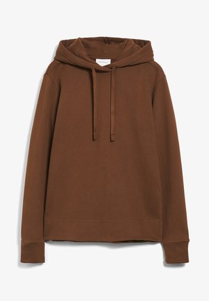 Brauner Hoodie mit langen Ärmeln, Kordelzug, vorderer Kängurutasche und gerippten Bündchen, vor weißem Hintergrund gezeigt.