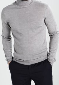 Pull à col roulé gris en matière tricotée douce, avec manches longues, coupe ajustée, et poignets et ourlet côtelés.