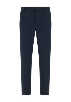 Rechte marineblauwe herenkledingbroek met riemlussen en ritssluiting aan de voorkant, plat weergegeven op een witte achtergrond.