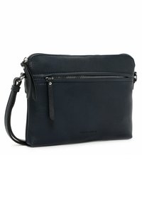 Námořnická kožená crossbody taška se zipovým hlavním oddílem a přední kapsou; hladký povrch, minimální kovové doplňky a nastavitelné ramenní popruhy.