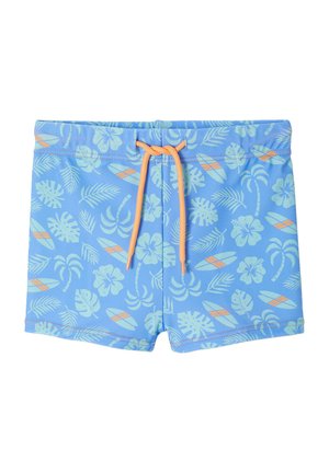 Blue swim trunks with light blue tropical leaf and flower patterns, orange surfboards, and an orange drawstring tie at the waist.