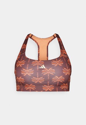 Brun sports-bh med oransje palme-mønster, racerback-design og lysere innerfor. Har en liten gulllogo på framsiden.