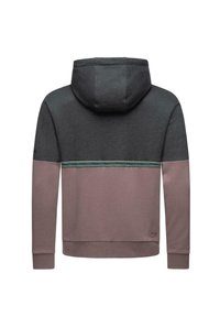 Hooded sweatshirt with a color-block design featuring dark gray, pink, and teal accents. Made of soft fabric with ribbed cuffs and a casual fit.