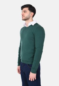 Giovane in piedi di lato, indossa un maglione verde a V sopra una camicia bianca con colletto e jeans blu scuro, su uno sfondo bianco uniforme.