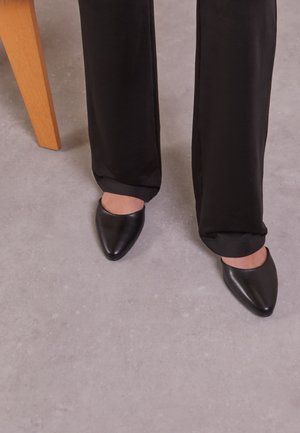 Black pointed-toe shoes made of leather with a smooth texture, paired with black trousers, showcasing an elegant and streamlined silhouette.