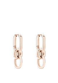 Ohrringe aus Roségold mit verlängerten Gliedern und runden Akzenten, die ein glattes, poliertes Finish und ein modernes geometrisches Design präsentieren.