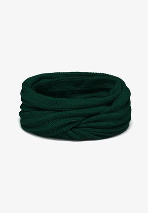 Groene gebreide infinity-sjaal met een tekstuurpatroon en gedraaide ontwerp, die een zachte, warme en gezellige uitstraling biedt.