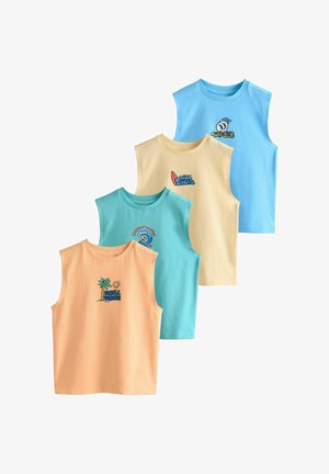 Neli varrukateta heledates pastelltoonides särki: oranž, sinakasroheline, kollane ja sinine, igaühel väiksed ranna-teemalised trükid rinnal.