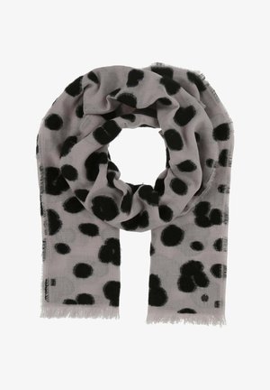 Eșarfă gri deschis cu puncte negre abstracte. Textură moale, țesută, cu margini desfăcute. Design în buclă pentru o purtare facilă.