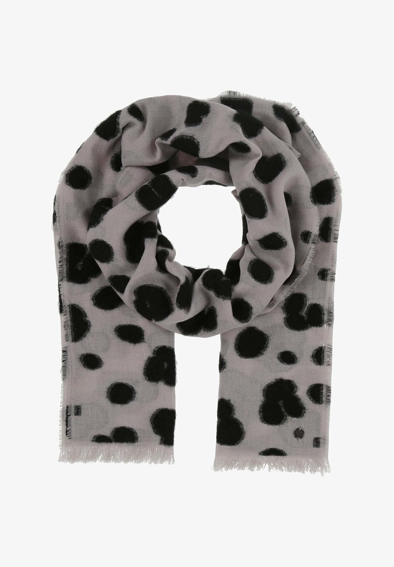 Eșarfă gri deschis cu puncte negre abstracte. Textură moale, țesută, cu margini desfăcute. Design în buclă pentru o purtare facilă.