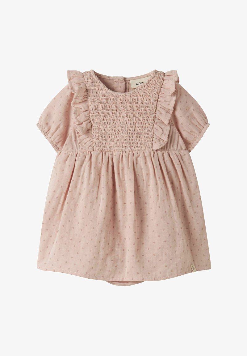 Vestito rosa da neonato con maniche a sbuffo, corpino arricciato, bordo con balza e motivo a diamante sottile.