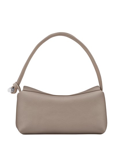 Beige leather handbag with a smooth texture, rounded shape, and a single shoulder strap, featuring a zip closure and minimal hardware.