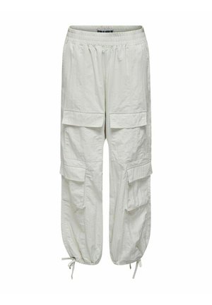 Bele cargo hlače z udobnim krojem, elastičnim pasom in vrvicami. Imajo štiri sprednje žepke in teksturirano tkanino.