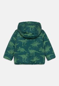Giubbotto a vento verde con stampa di dinosauro in verde chiaro, dotato di cappuccio, maniche lunghe e texture trapuntata.