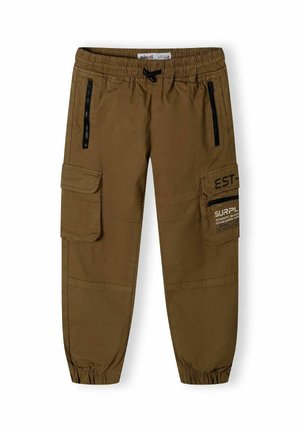 Pantalons cargo en tissu vert olive, dotés d'une taille élastique, de deux poches latérales zippées et de deux poches cargo avec des détails cousus.