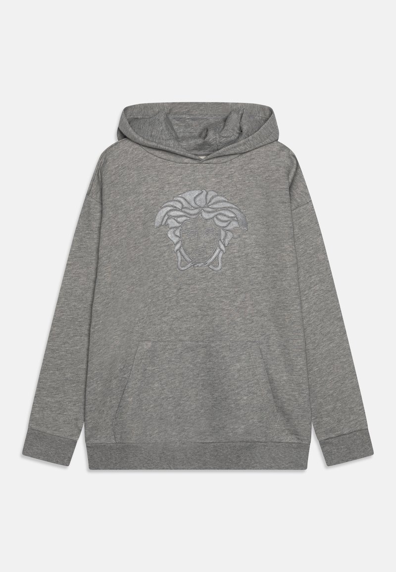 Sweatshirt cinza feito de um tecido suave, com um bolso frontal e um gráfico de um rosto com cabelo ondulado. Design com capuz e punhos canelados.
