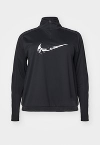 Black athletic pullover with a quarter-zip collar, long sleeves, and a white Nike swoosh logo on the front, made from smooth, stretchy fabric.