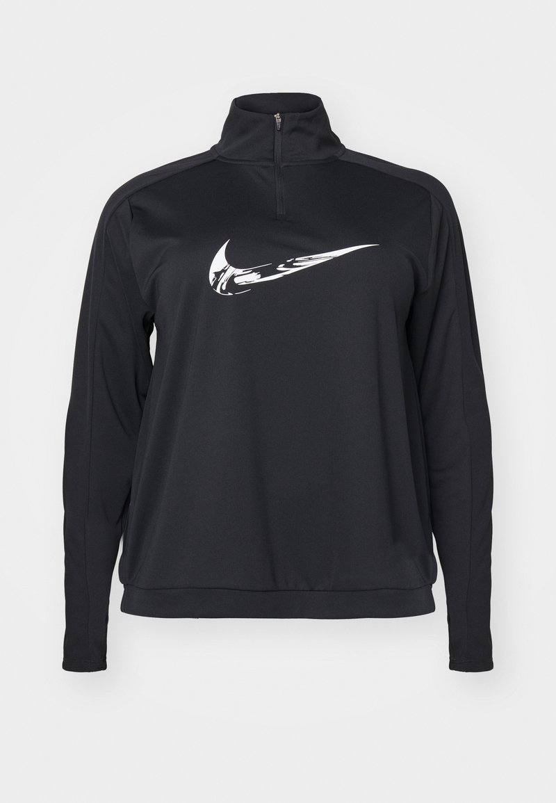 Black athletic pullover with a quarter-zip collar, long sleeves, and a white Nike swoosh logo on the front, made from smooth, stretchy fabric.