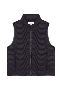Il gilet nero senza maniche presenta un colletto alto, una chiusura con zip e una texture a onde trapuntata con eleganti inserti in tessuto liscio sulle braccia e sull'orlo.