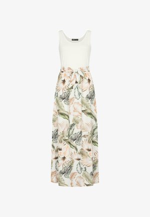 Maxi haljina s bijelim bezrukavnim gornjim dijelom i dugom suknjom s cvjetnim uzorkom u breskvastoj, zelenoj i krem boji, zavezana u struku.