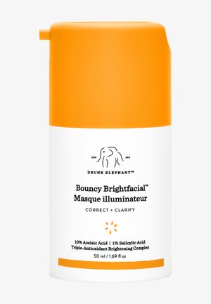 Drunk Elephant Bouncy Brightfacial™ in einer weißen Flasche mit einem orangefarbenen Deckel. Enthält 10 % Azelainsäure und 1 % Salicylsäure. 50 ml.