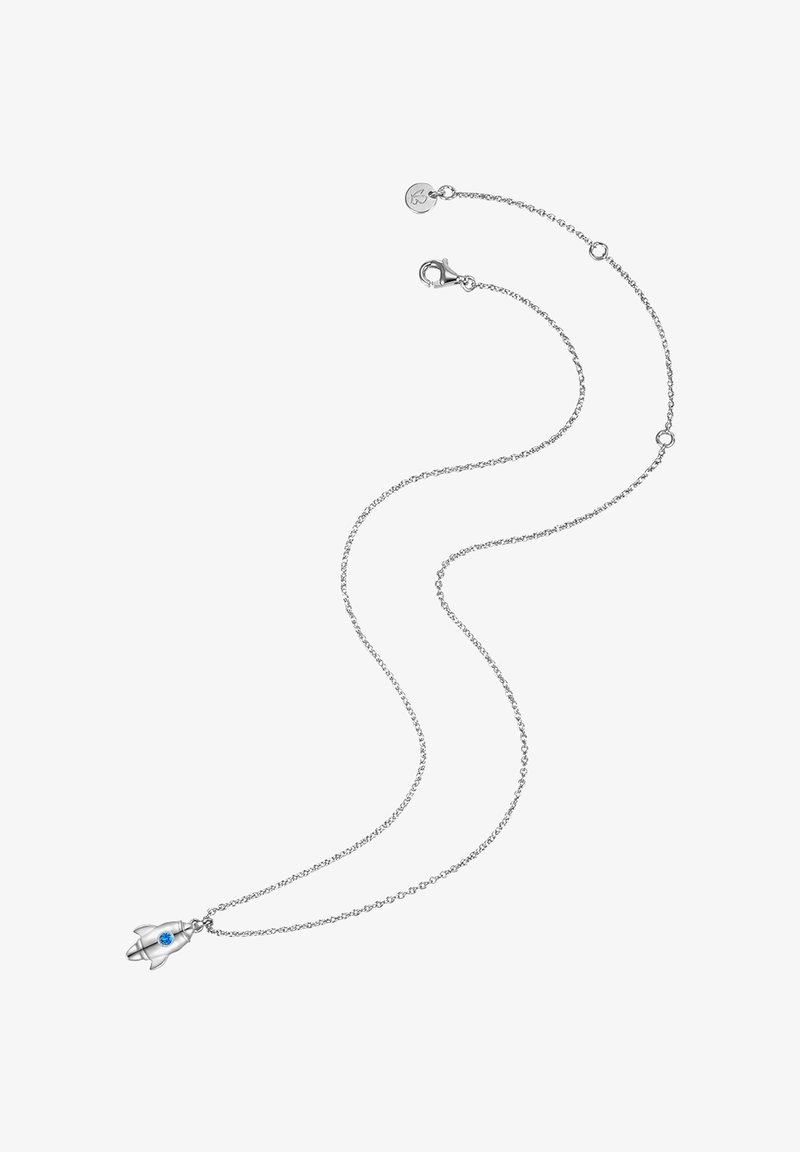Sølv kæde med en raket vedhæng, der har en blå sten, som viser et slankt design og en skinnende, tekstureret finish.