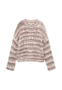 Stickad tröja med långa ärmar, rund halsringning, med en texturerad mönstring i nyanser av rosa, vitt och mjukt grått. Kort passform.