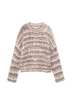 Pull en maille à manches longues, col rond, présentant un motif texturé dans des nuances de rose, blanc et gris doux. Design à coupe courte.