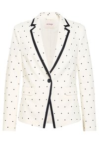 Bílý blazer s černými puntíky, černými detaily, zapínáním na jedno knoflíček, dvěma předními kapsami a klopovým designem.