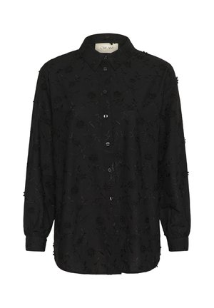 Chemise noire à manches longues, broderie florale, devant boutonné et col classique. Texture douce et coupe décontractée.