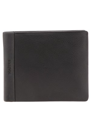 Black leather wallet with a textured finish, bi-fold design, and a subtle logo on the side. Compact shape, suitable for cards and cash.