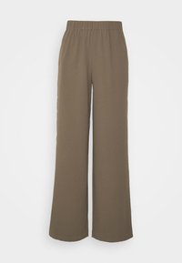 Hnědé kalhoty s širokými nohavicemi a elastickým pasem, vyrobené z měkké tkaniny. Design se vyznačuje volným střihem a hladkým povrchem.