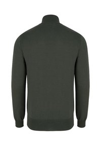 Ciemnozielony sweter z dzianiny z wysokim kołnierzem, długimi rękawami oraz prążkowanymi mankietami i dołem. Gładka tekstura o dopasowanym kroju.