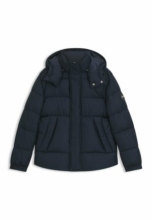 Giacca puffer navy con colletto alto e cappuccio staccabile. Presenta cuciture orizzontali, due tasche frontali e un logo sulla manica.