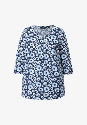 Blaue langärmlige Bluse mit weißem und hellblauem Gänseblümchenmuster und V-Ausschnitt.