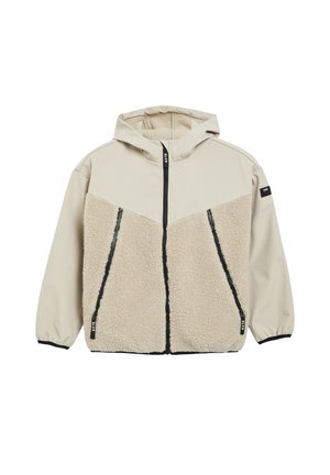 Beige Kapuzenjacke mit weichen Fleece-Vorderpaneelen, durchgehendem schwarzem Reißverschluss, zwei Reißverschlusstaschen und elastischen Bündchen.
