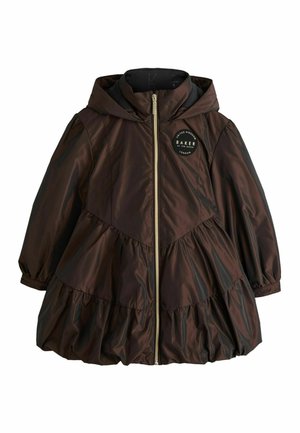 Dunkelbraune, gesteppte Kinderjacke mit Kapuze und gestuftem Rockdesign, Frontreißverschluss, elastischen Bündchen und schwarzem rundem Logo auf der Brust.